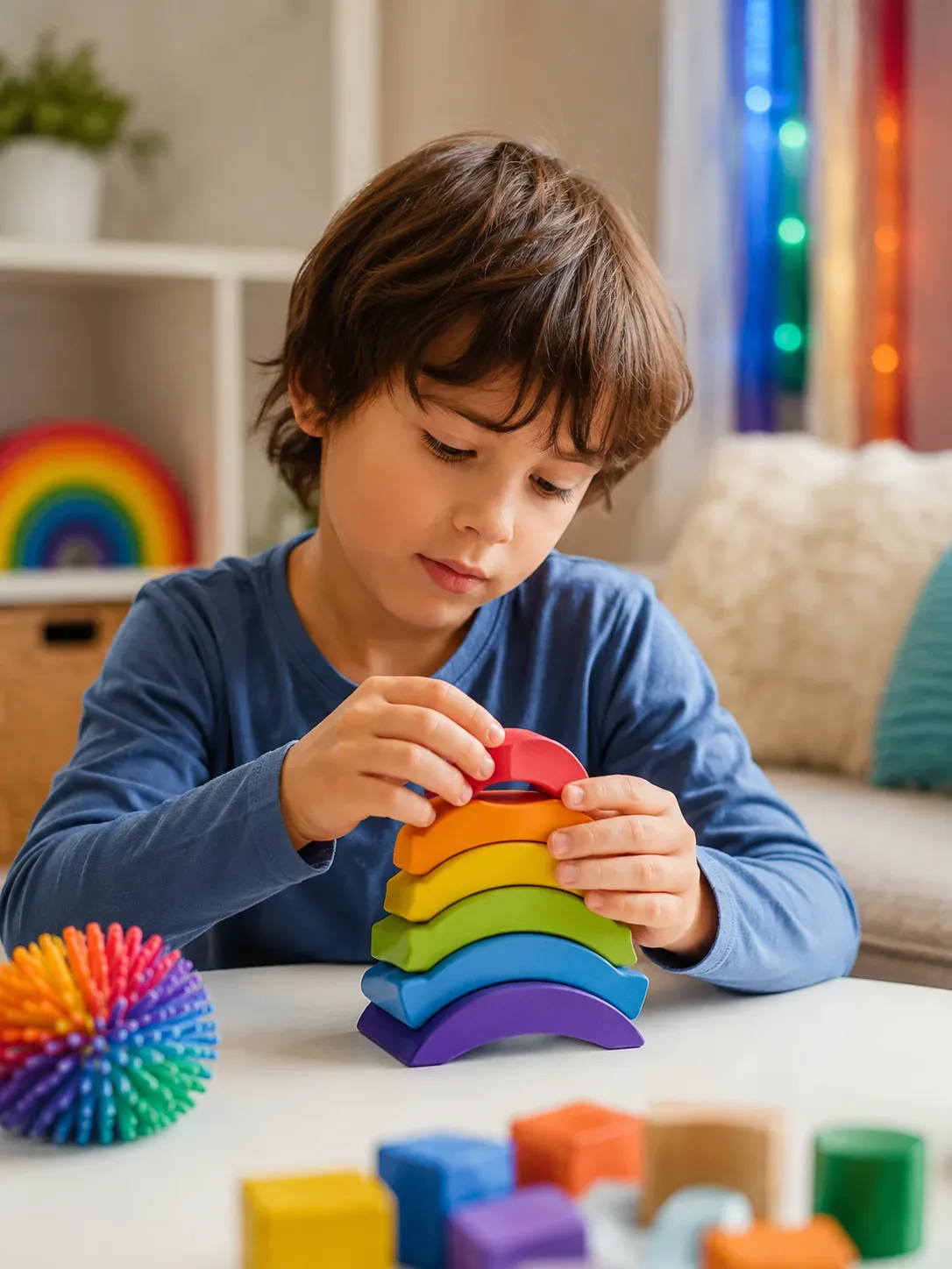 Autism — child engaged in calm, focused sensory play