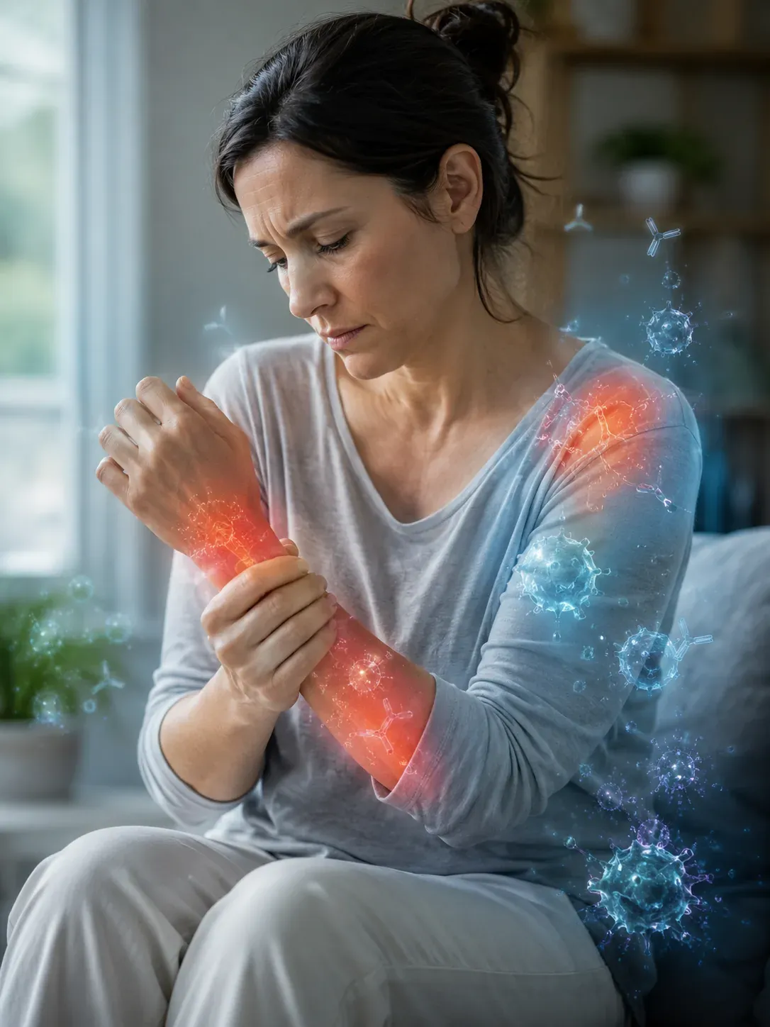 Autoimmune conditions — woman with joint inflammation and illustrated immune cells