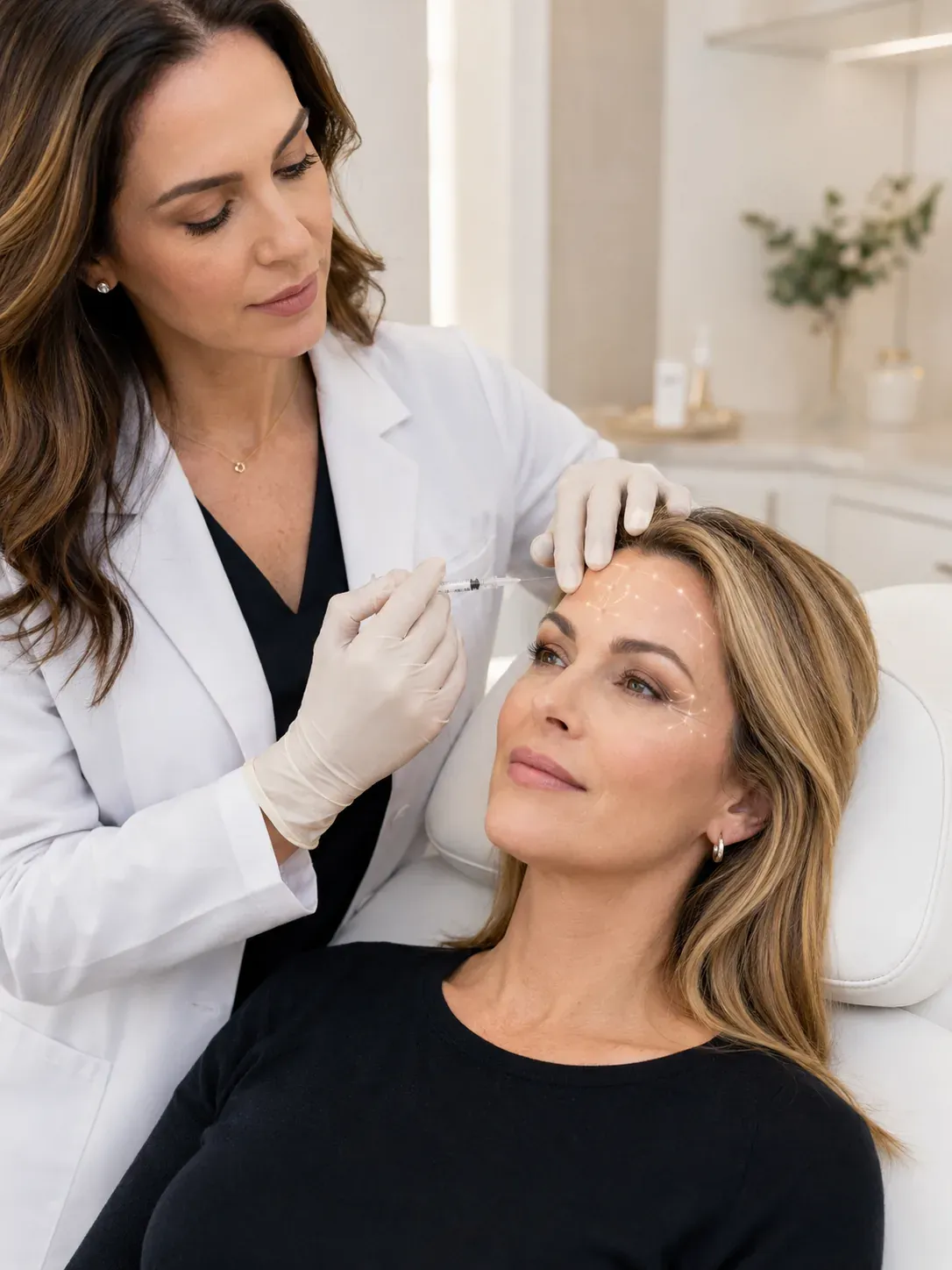 Botox wrinkle-relaxing injectables — woman receiving a forehead injection