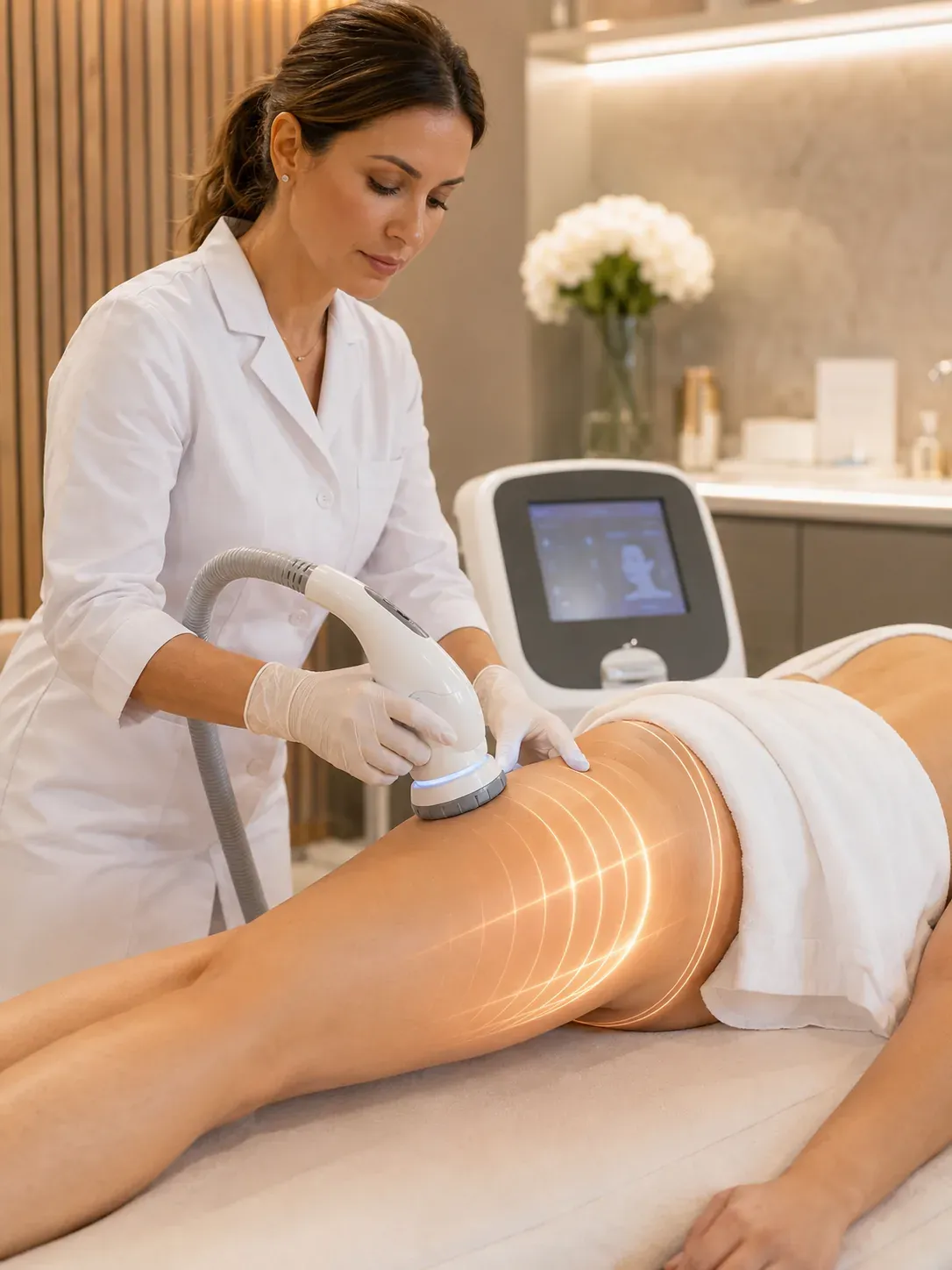 Cellulite treatment — woman receiving a body-contouring treatment on the thigh