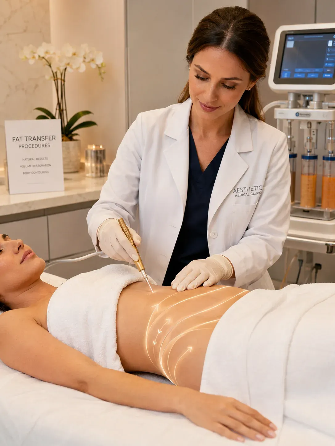 Fat transfer procedures — woman receiving a fat transfer body-contouring treatment