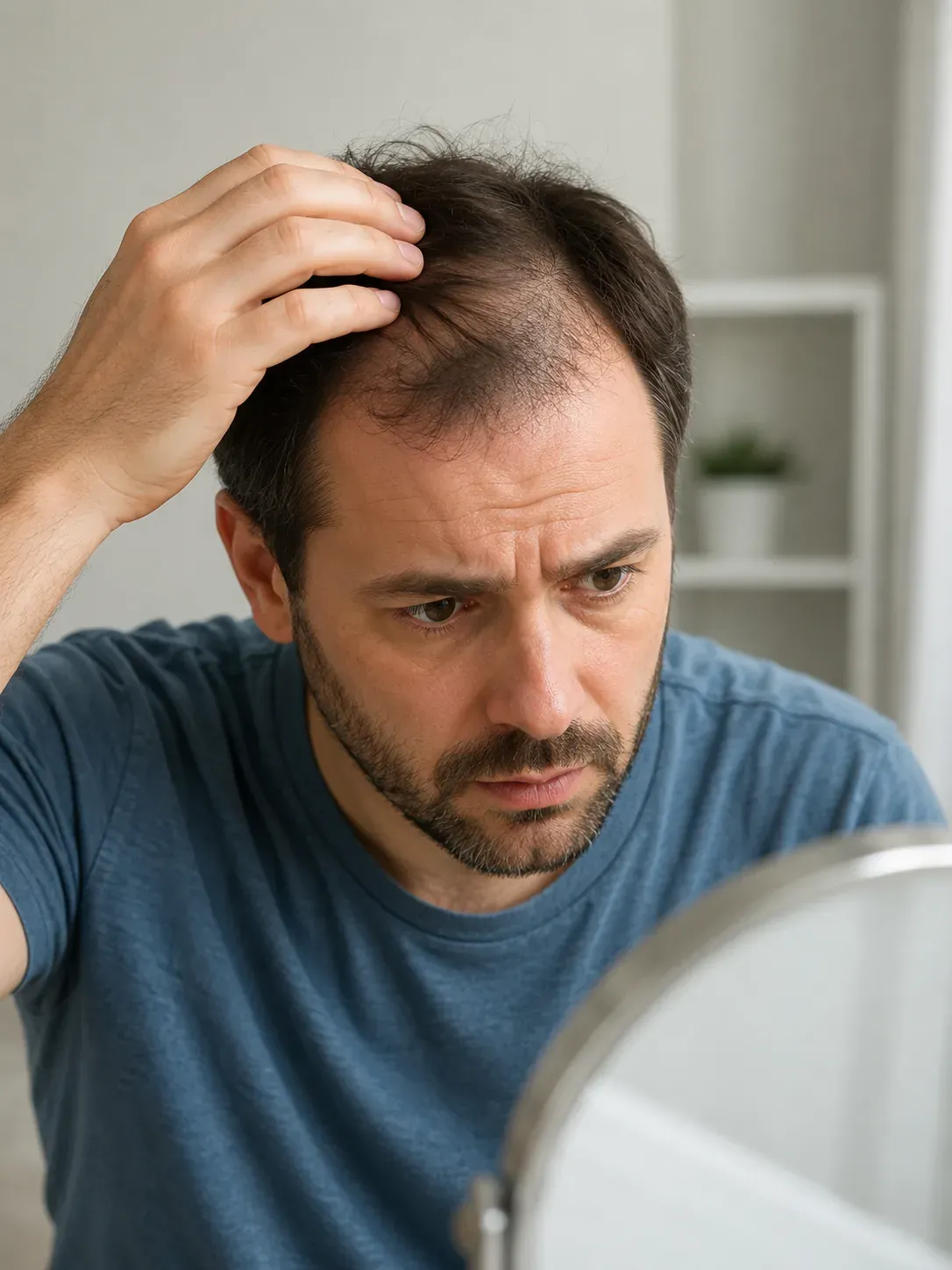 Hair loss — man examining his thinning hair in a mirror
