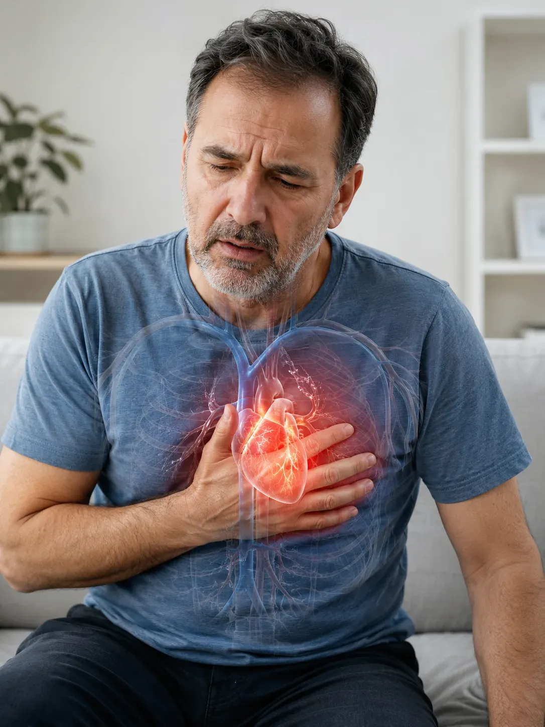 Heart failure — man with chest discomfort and an illustrated heart