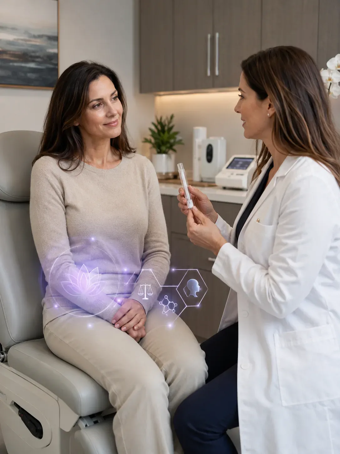 Hormone pellet therapy — woman in a consultation about bioidentical hormone treatment