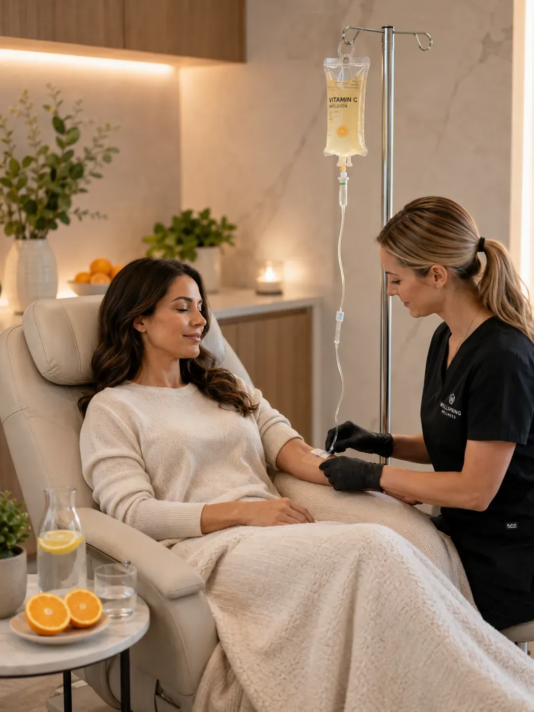 IV vitamin C infusions — woman relaxing during a high-dose vitamin C IV drip