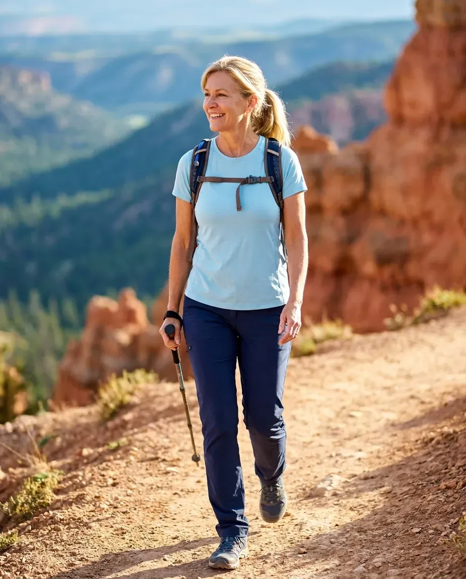 Stem cell joint regeneration — active woman hiking freely outdoors