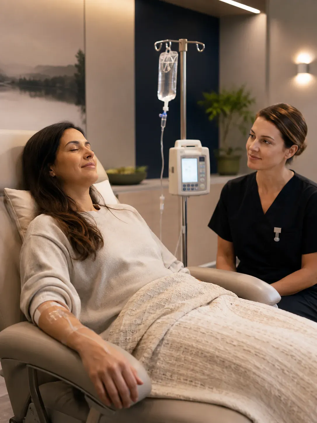 Ketamine therapy — woman calmly receiving a monitored in-office infusion