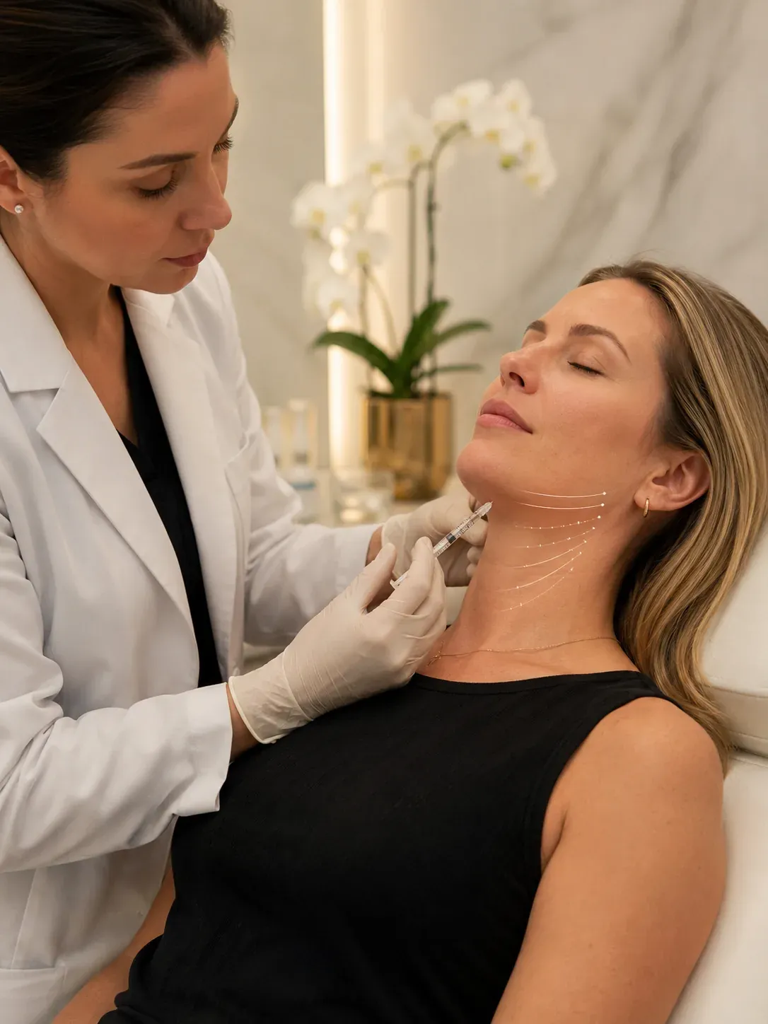 Kybella double-chin reduction — woman receiving an under-chin injection