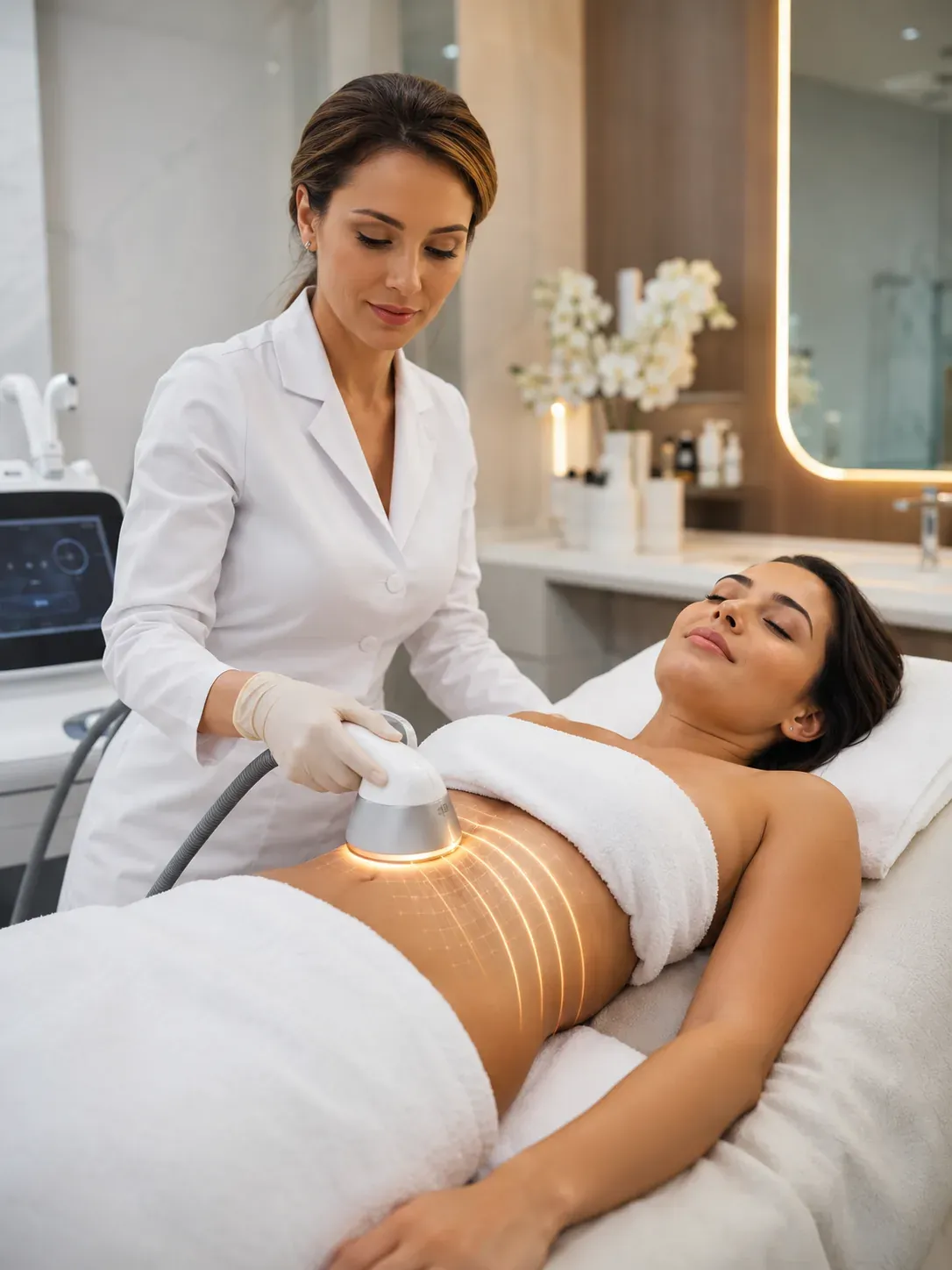 Liposuction and skin tightening — woman receiving a body-contouring treatment