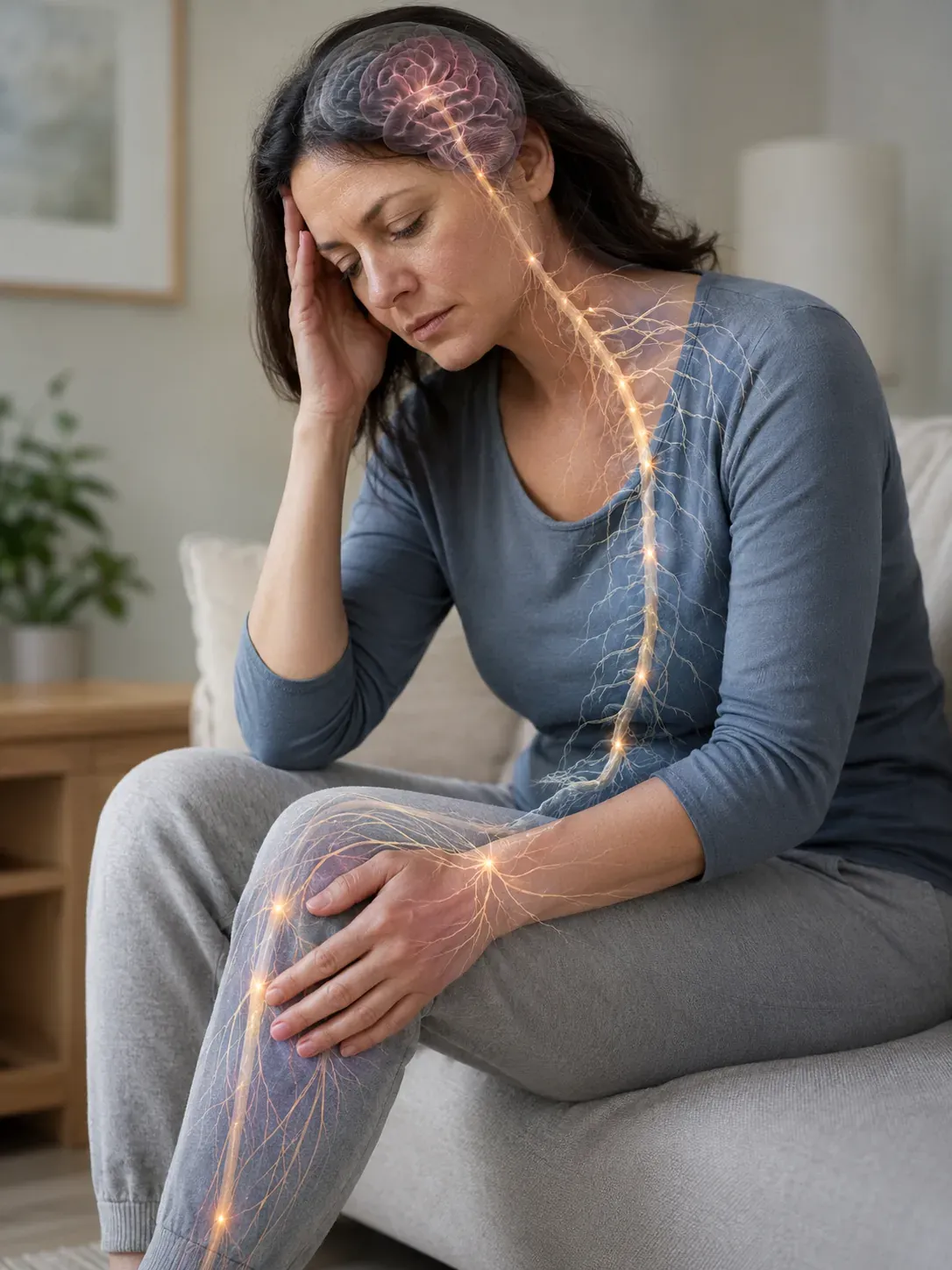 Multiple sclerosis — woman with an illustrated brain and nervous system