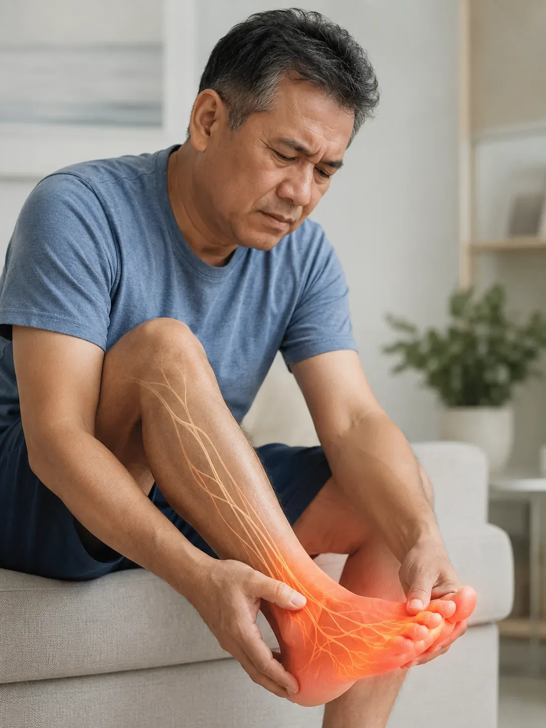 Neuropathy — man with nerve pain in his foot, nerves illustrated