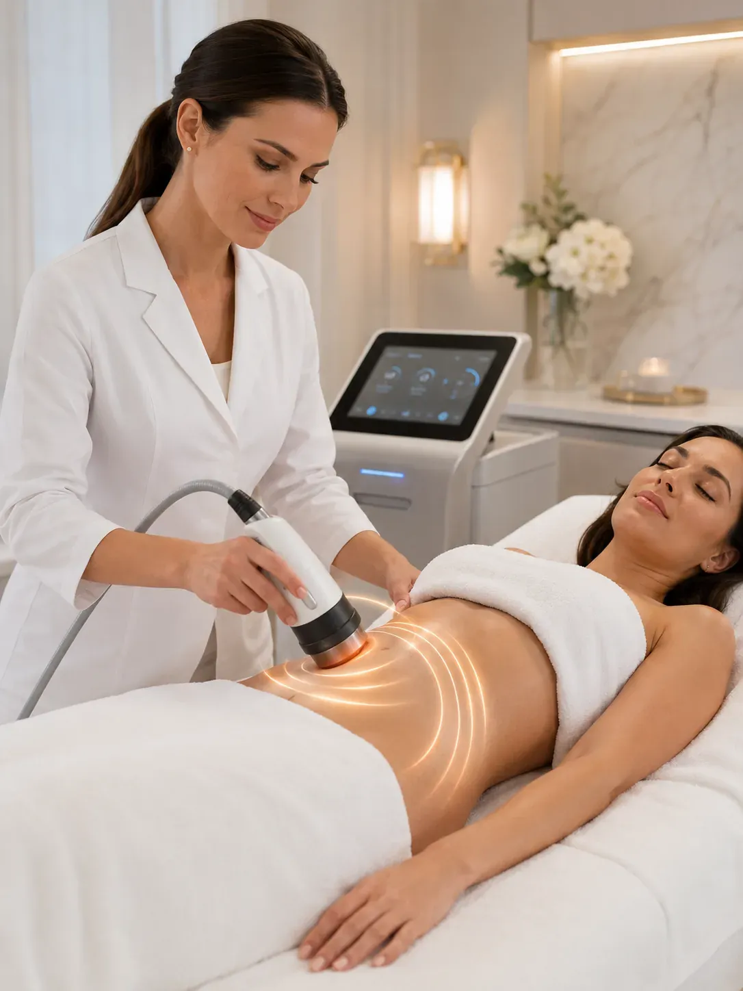 Radiofrequency body contouring — woman receiving an RF treatment on the abdomen