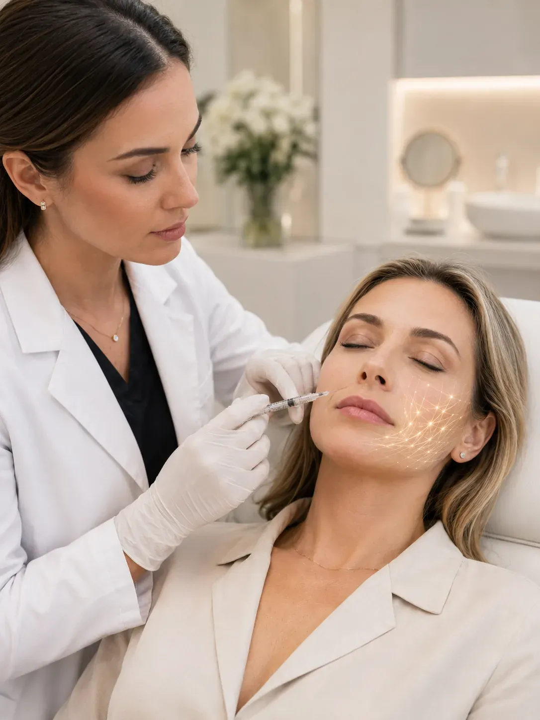 Sculptra collagen-stimulating injectable — woman receiving a facial injection