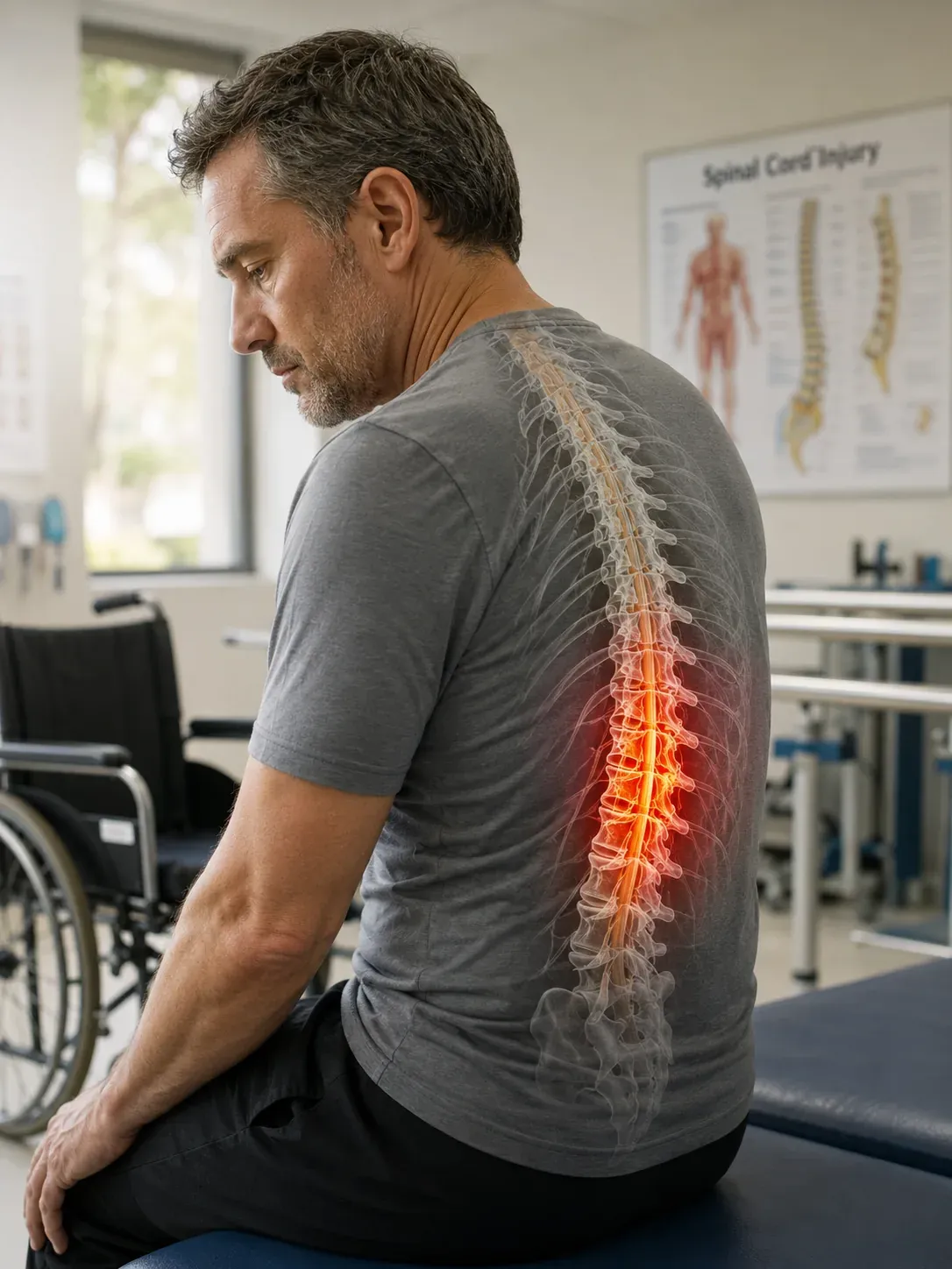 Spinal cord injury — man with an illustrated spine in a rehabilitation clinic